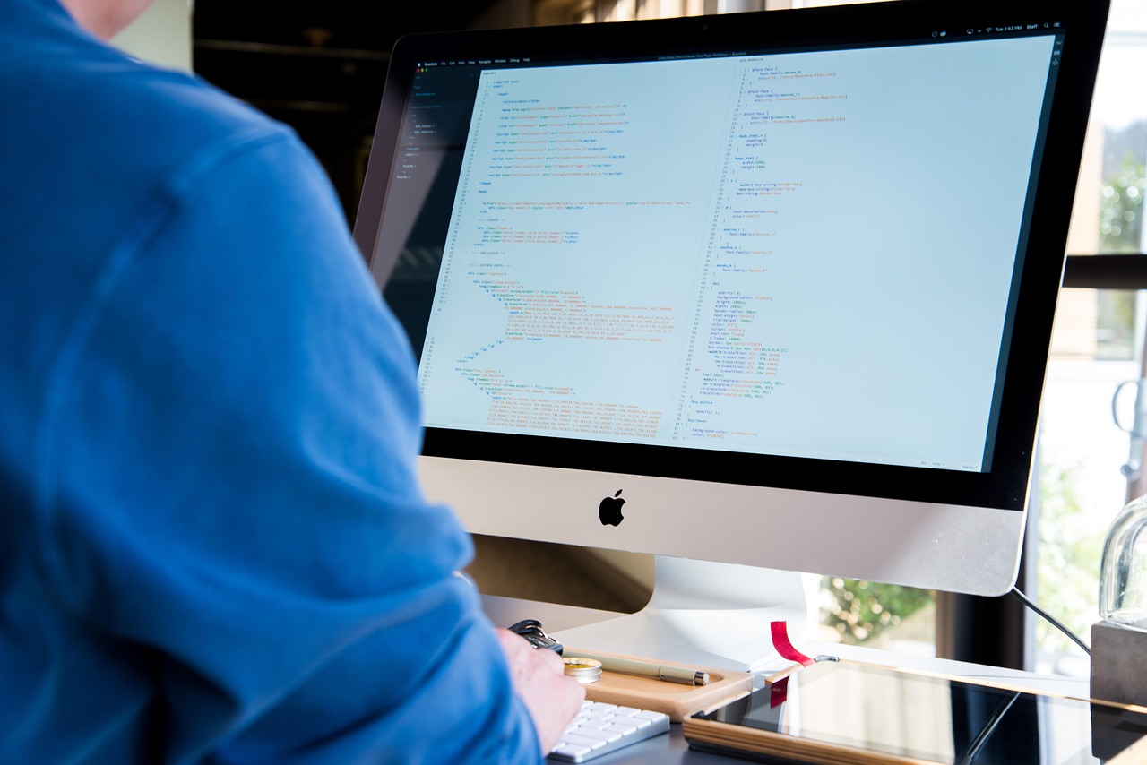 Programador de costas, a trabalhar num posto com dois ecrãs.